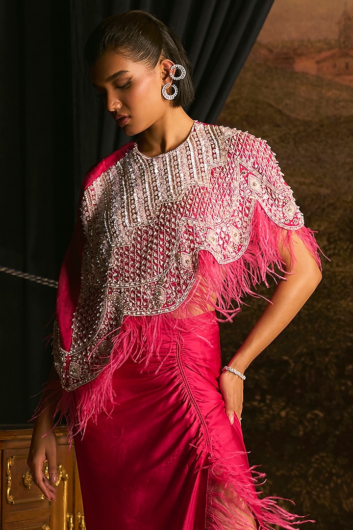 Fuchsia Pink Pure Satin Draped Skirt Set by Mani Bhatia at Pernia's Pop Up Shop