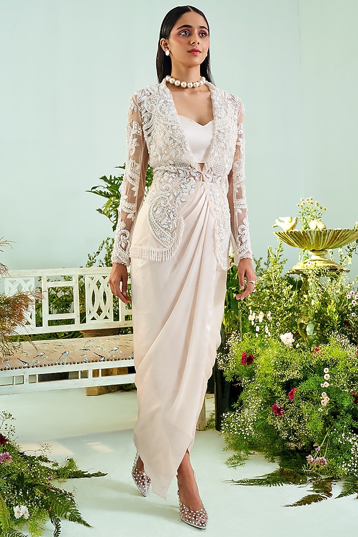 Ecru Satin Draped Skirt Set by Mani Bhatia at Pernia's Pop Up Shop