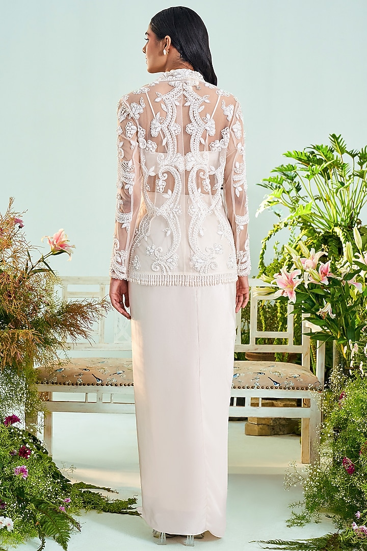 Ecru Satin Draped Skirt Set by Mani Bhatia at Pernia's Pop Up Shop