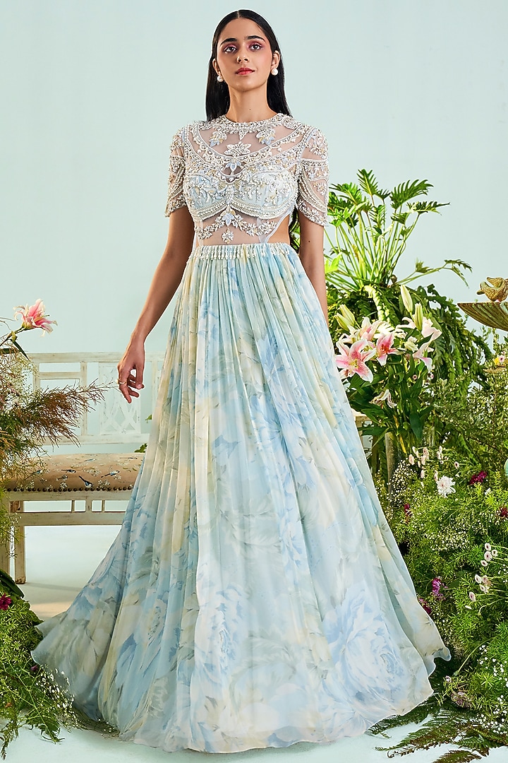 Ice Blue Embroidered Wedding Anarkali Set by Mani Bhatia at Pernia's Pop Up Shop