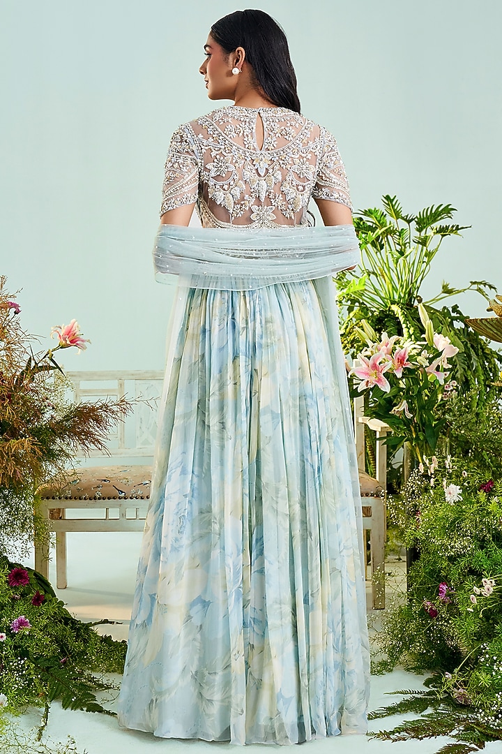 Ice Blue Embroidered Wedding Anarkali Set by Mani Bhatia at Pernia's Pop Up Shop