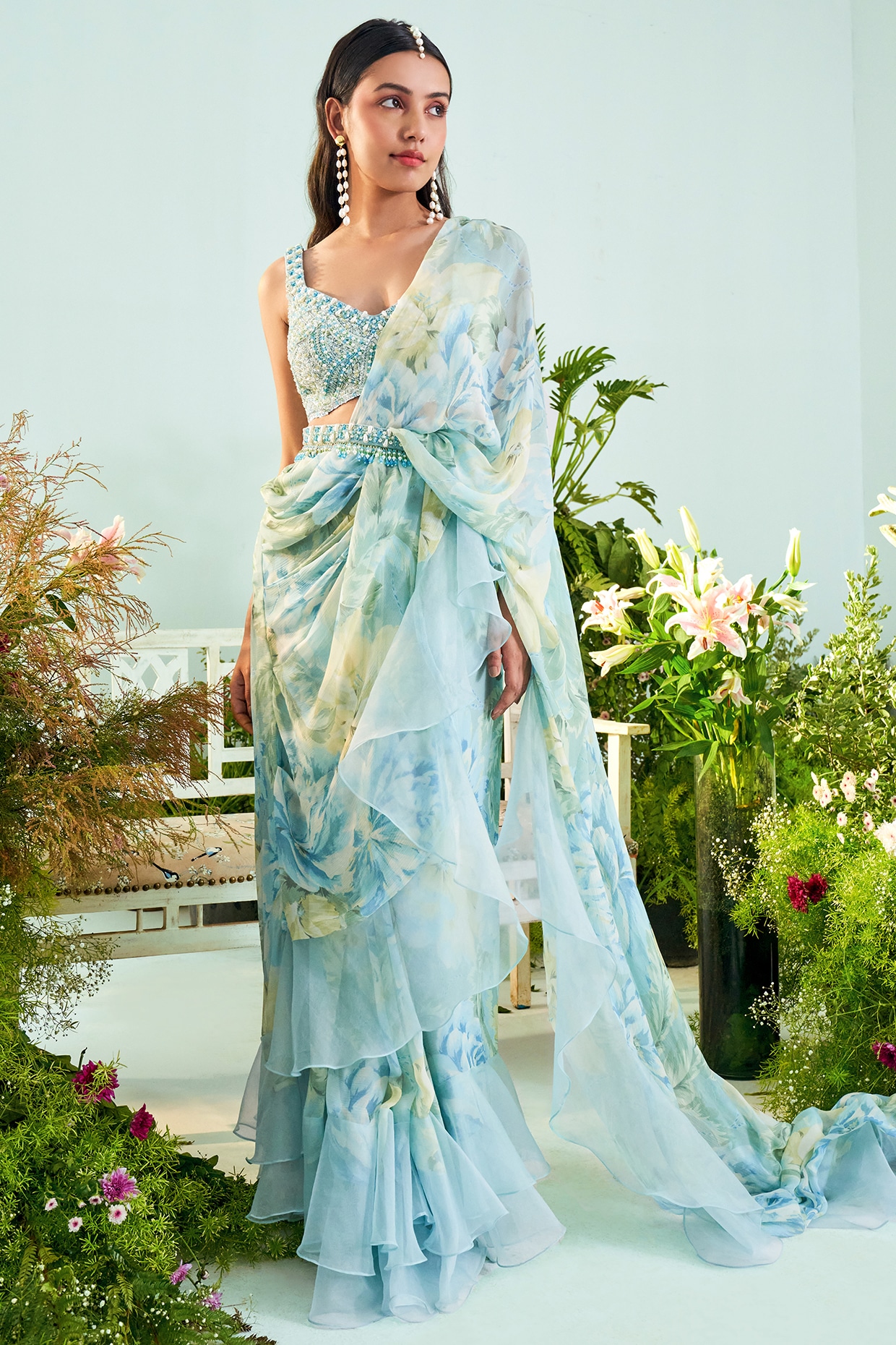 Floral Embroidered Organza Saree With Crystal Belt And Fishtail Skirt –  Estie Couture