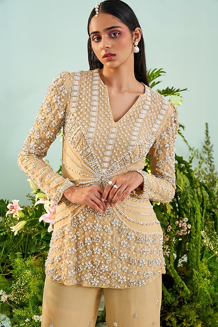 Beige Embroidered Wedding Sharara Set by Mani Bhatia at Pernia's Pop Up Shop