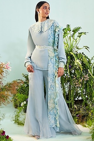 Pale Blue Chiffon Sharara Set by Mani Bhatia