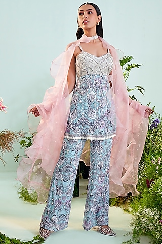 Blue Paisley Printed Pant Set by Mani Bhatia