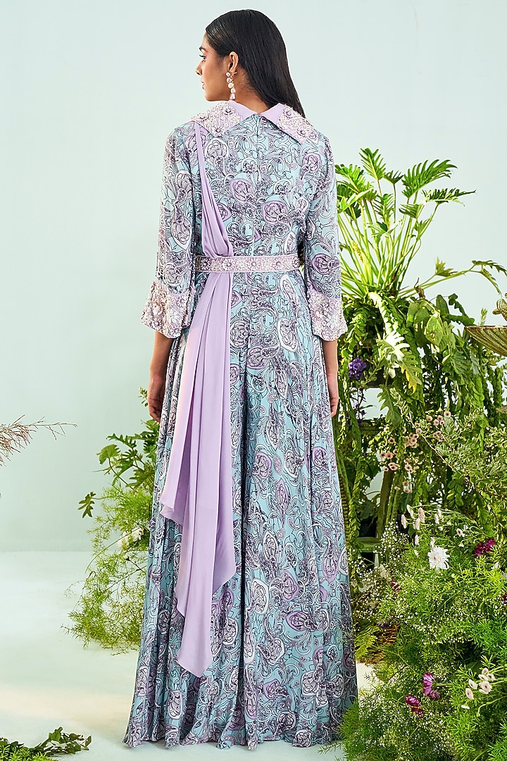 Mauve Pink Printed Jumpsuit With Belt & Drape by Mani Bhatia at Pernia's Pop Up Shop