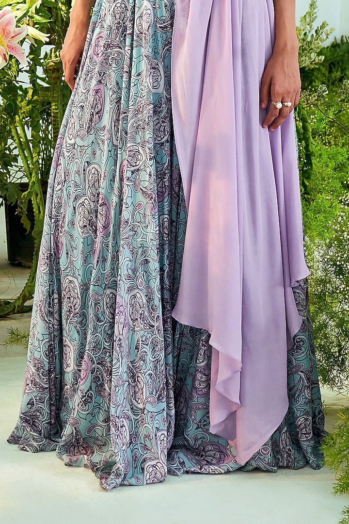 Mauve Pink Printed Jumpsuit With Belt & Drape by Mani Bhatia at Pernia's Pop Up Shop