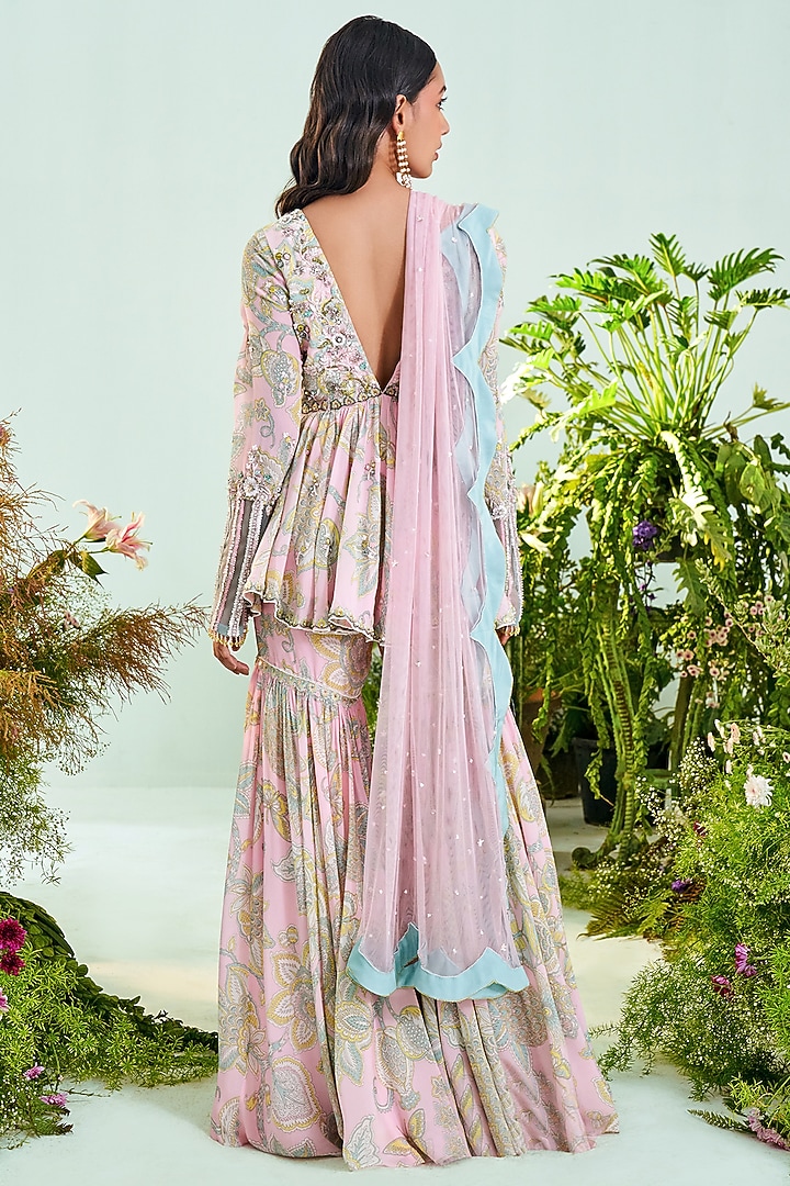 Powder Pink & Mint Green Crepe Floral Printed Gharara Set by Mani Bhatia at Pernia's Pop Up Shop