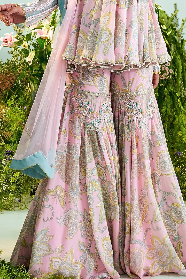 Powder Pink & Mint Green Crepe Floral Printed Gharara Set by Mani Bhatia at Pernia's Pop Up Shop