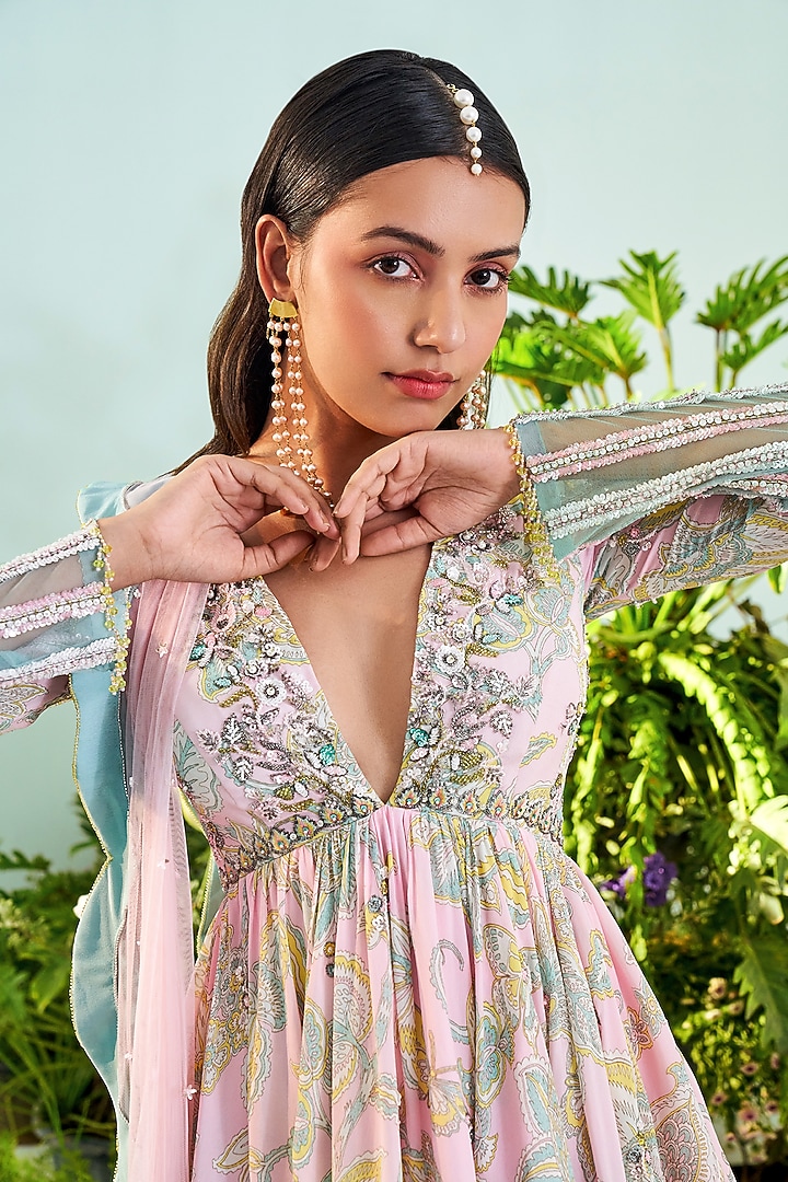 Powder Pink & Mint Green Crepe Floral Printed Gharara Set by Mani Bhatia at Pernia's Pop Up Shop