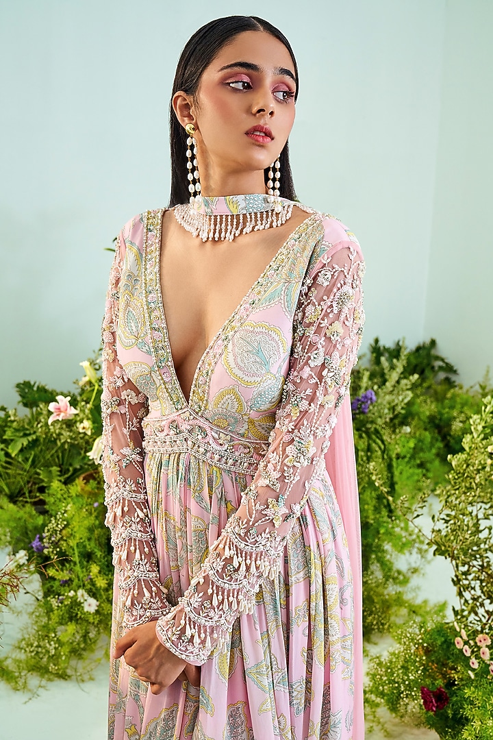 Powder Pink & Mint Green Printed Wedding Anarkali Set by Mani Bhatia at Pernia's Pop Up Shop