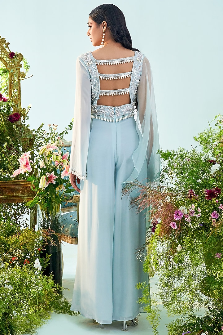 Ice Blue Embroidered Jumpsuit by Mani Bhatia at Pernia's Pop Up Shop