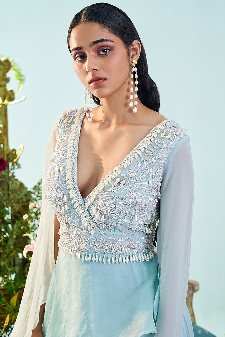 Ice Blue Embroidered Jumpsuit by Mani Bhatia at Pernia's Pop Up Shop