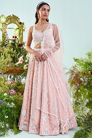 Ice Peach Embroidered Lehenga Set by Mani Bhatia