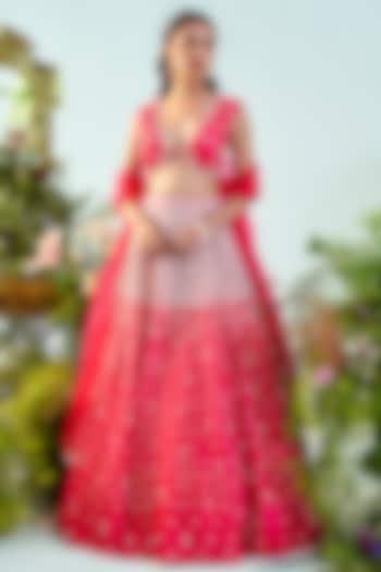 Fuchsia Pink & Red Embroidered lehenga Set by Mani Bhatia