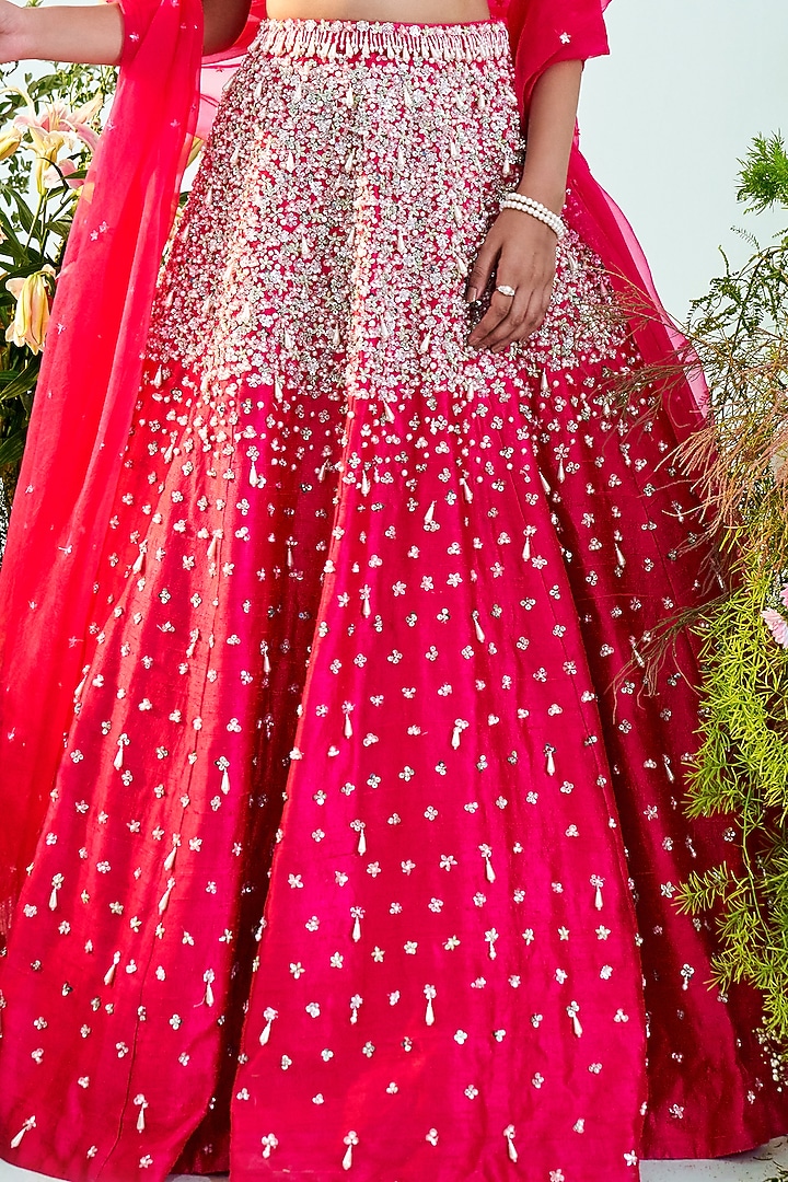 Fuchsia Pink & Red Embroidered Wedding Lehenga Set by Mani Bhatia at Pernia's Pop Up Shop