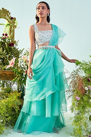 Aqua Blue Organza Pre-Stitched Saree Set by Mani Bhatia