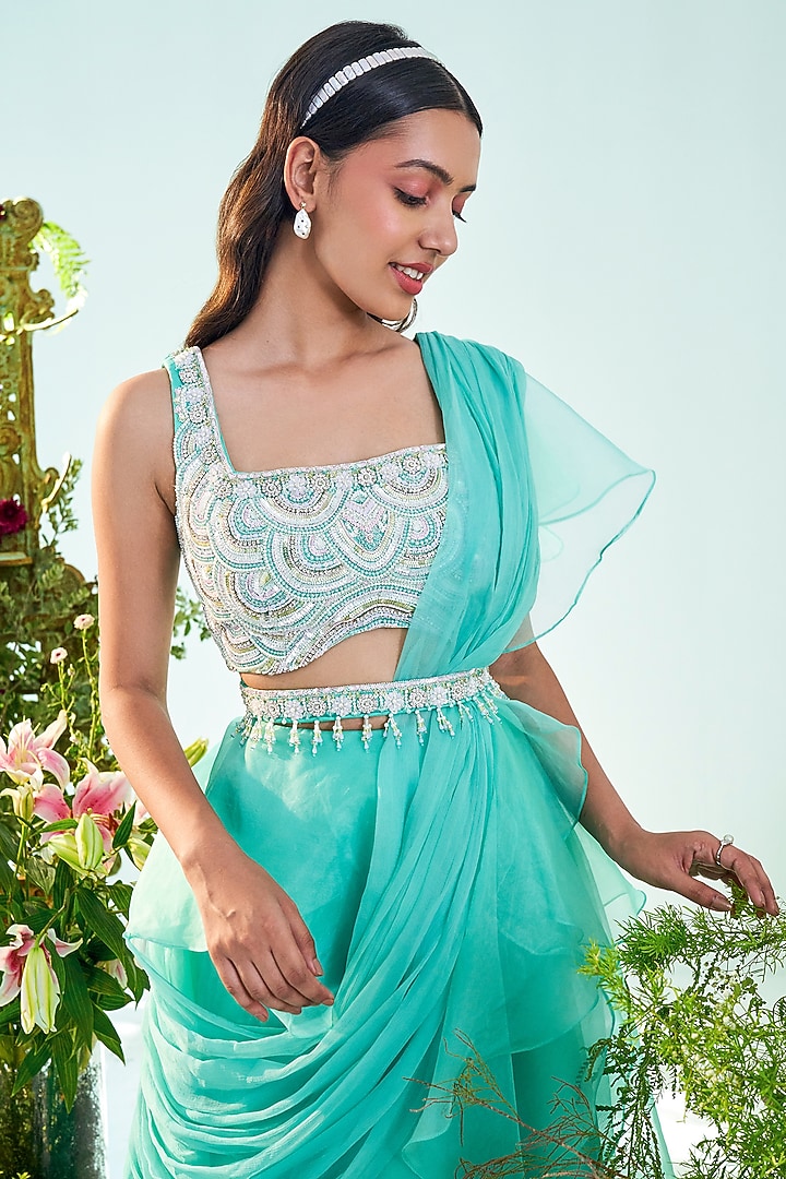 Aqua Blue Organza Pre-Stitched Wedding Saree Set by Mani Bhatia at Pernia's Pop Up Shop