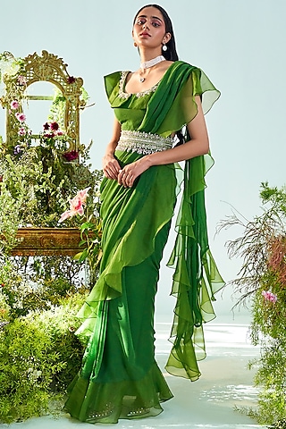 Forest Green Organza Ruffled Saree Set by Mani Bhatia