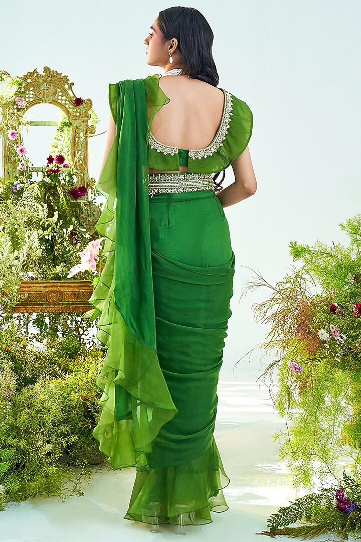 Forest Green Organza Ruffled Wedding Saree Set by Mani Bhatia at Pernia's Pop Up Shop