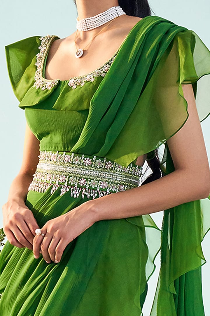 Forest Green Organza Ruffled Wedding Saree Set by Mani Bhatia at Pernia's Pop Up Shop