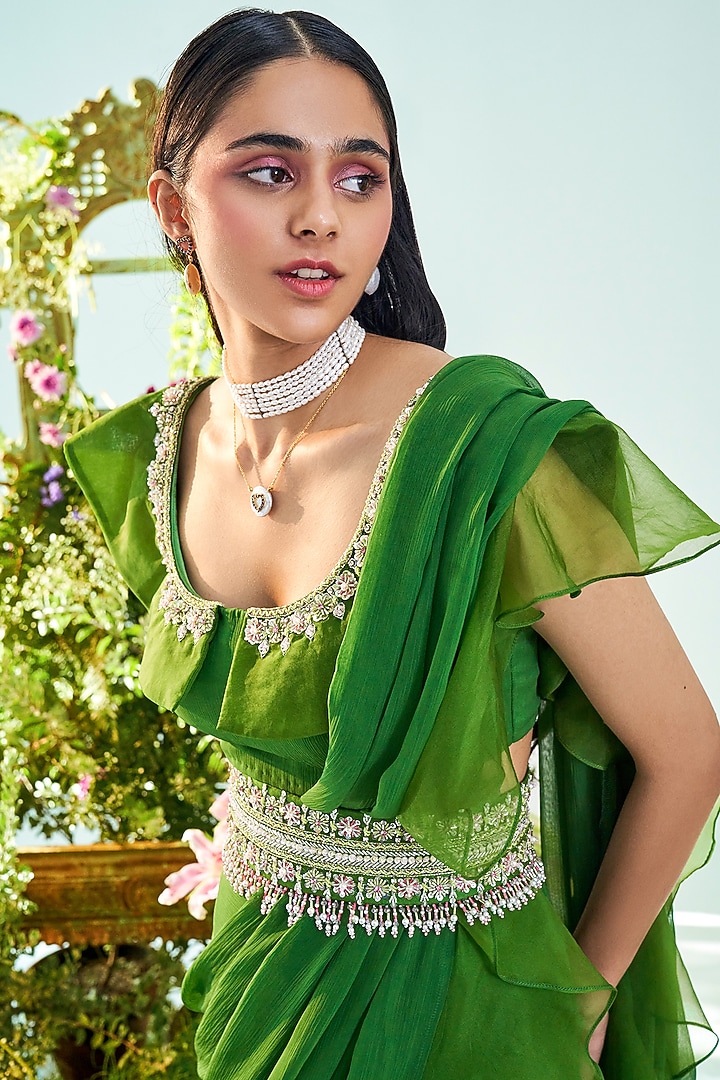 Forest Green Organza Ruffled Wedding Saree Set by Mani Bhatia at Pernia's Pop Up Shop