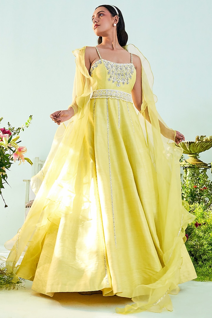 Lime Yellow Embroidered Anarkali Set by Mani Bhatia