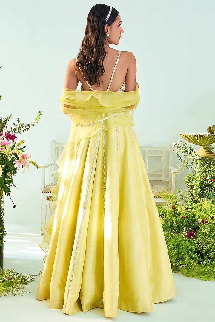 Lime Yellow Embroidered Wedding Anarkali Set by Mani Bhatia at Pernia's Pop Up Shop