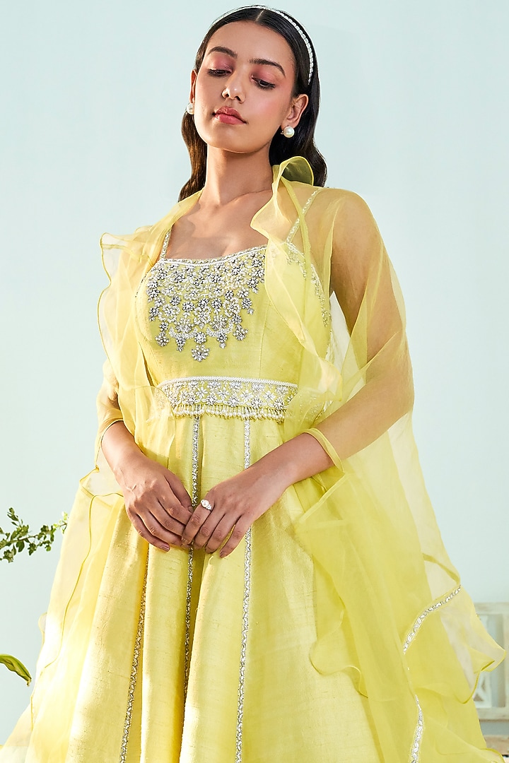 Lime Yellow Embroidered Wedding Anarkali Set by Mani Bhatia at Pernia's Pop Up Shop