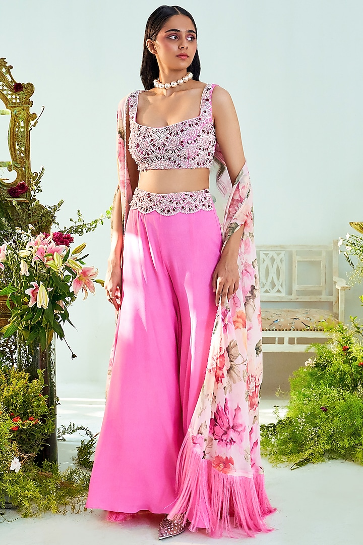 Fuchsia Pink Crepe & Georgette Pant Set by Mani Bhatia