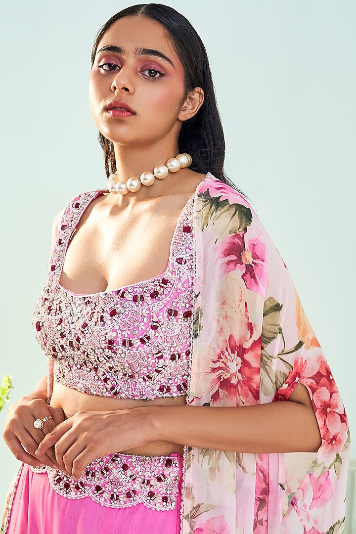 Fuchsia Pink Crepe & Georgette Pant Set by Mani Bhatia at Pernia's Pop Up Shop