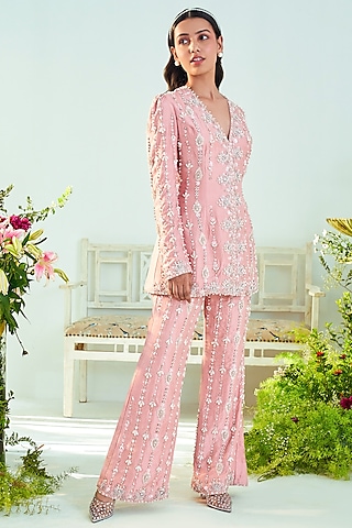 Rust Pink Embroidered Jacket Set by Mani Bhatia