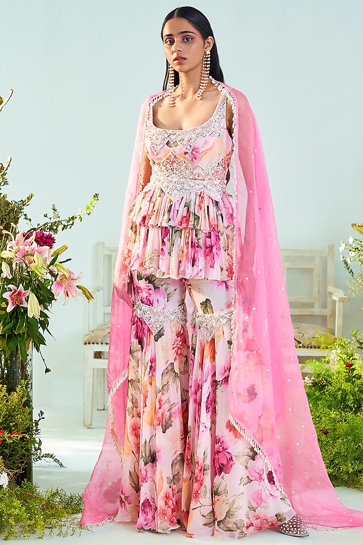 Pink Floral Printed Gharara Set by Mani Bhatia