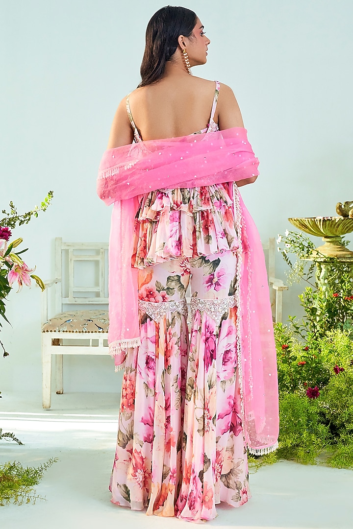 Pink Georgette & Organza Floral Printed Gharara Set by Mani Bhatia at Pernia's Pop Up Shop