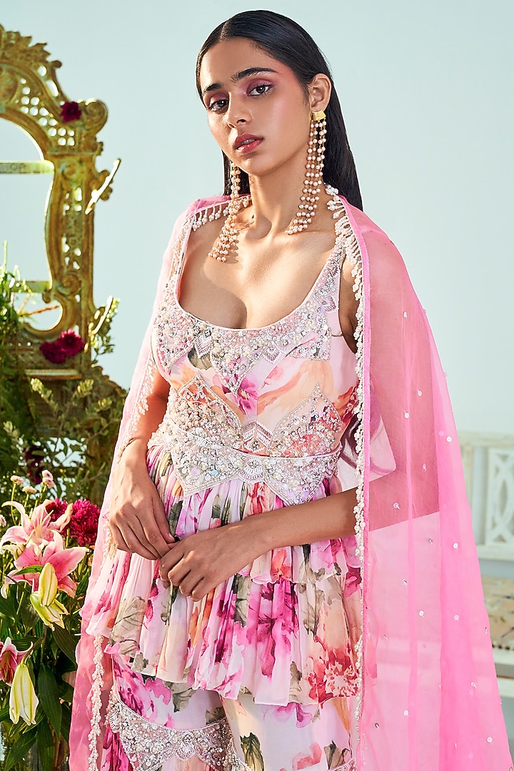 Pink Georgette & Organza Floral Printed Gharara Set by Mani Bhatia at Pernia's Pop Up Shop