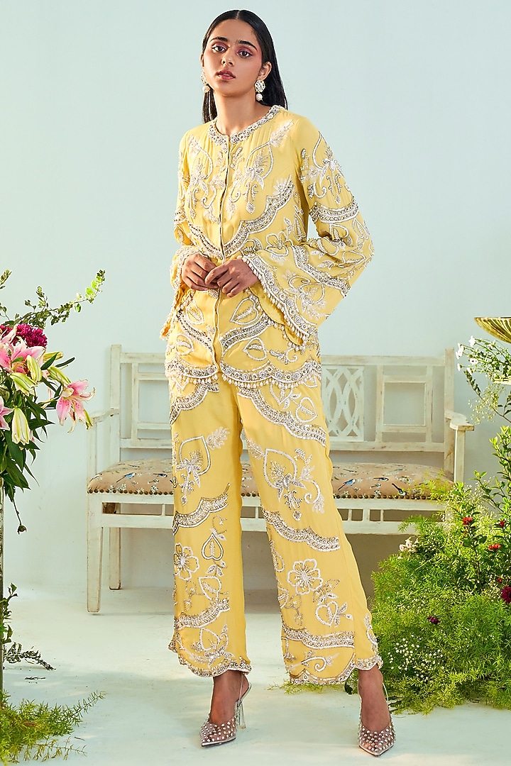 Sunshine Yellow Georgette Pant Set by Mani Bhatia at Pernia's Pop Up Shop