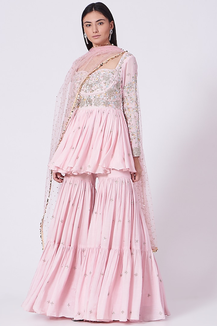 Lilac Pink Embroidered Gharara Set by Mani Bhatia