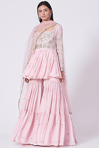 Lilac Pink Embroidered Gharara Set by Mani Bhatia