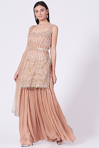 Nude Peach Embroidered Sharara Set by Mani Bhatia