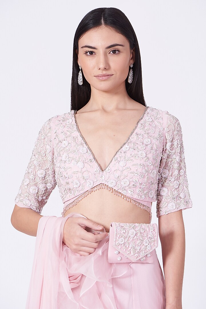 Pirouette Pink Organza & Georgette Ruffled Wedding Lehenga Saree Set by Mani Bhatia at Pernia's Pop Up Shop