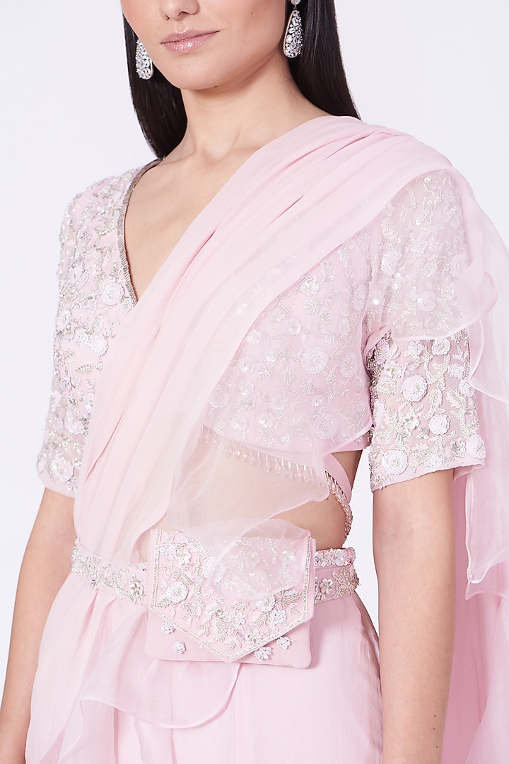 Pirouette Pink Organza & Georgette Ruffled Wedding Lehenga Saree Set by Mani Bhatia at Pernia's Pop Up Shop