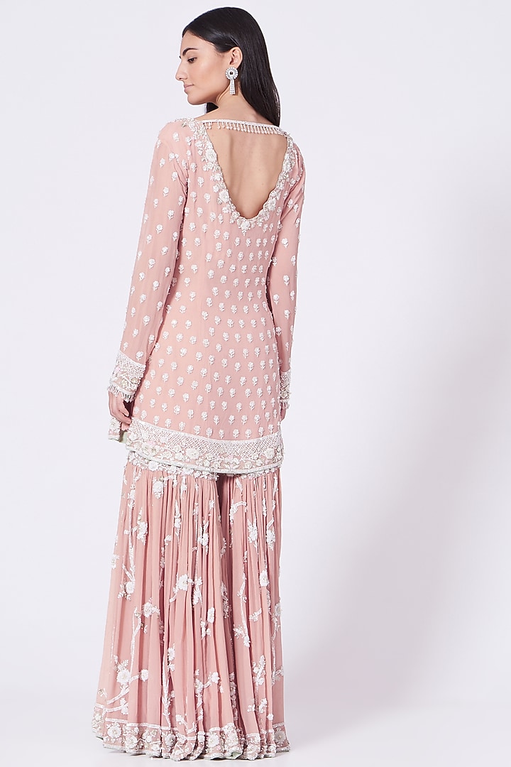 Peach Pink Silk Chiffon Zardosi Embroidered Gharara Set by Mani Bhatia at Pernia's Pop Up Shop
