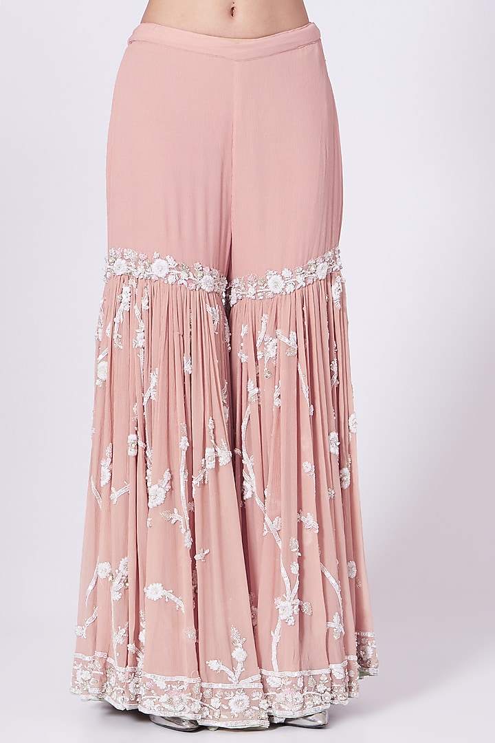 Peach Pink Silk Chiffon Zardosi Embroidered Gharara Set by Mani Bhatia at Pernia's Pop Up Shop