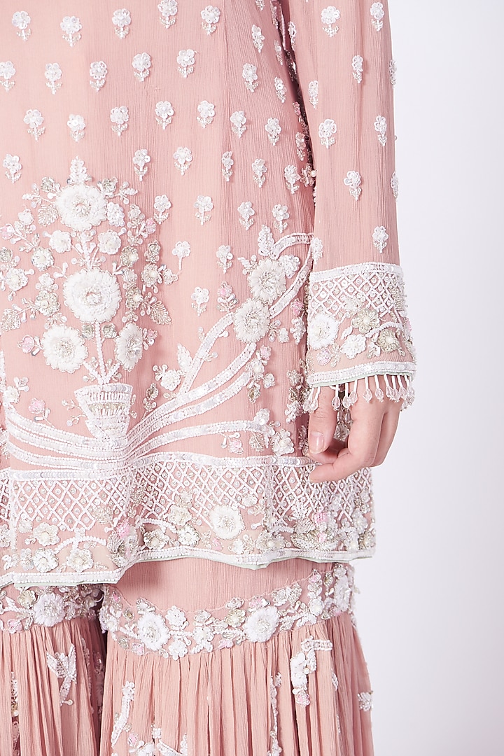 Peach Pink Silk Chiffon Zardosi Embroidered Gharara Set by Mani Bhatia at Pernia's Pop Up Shop
