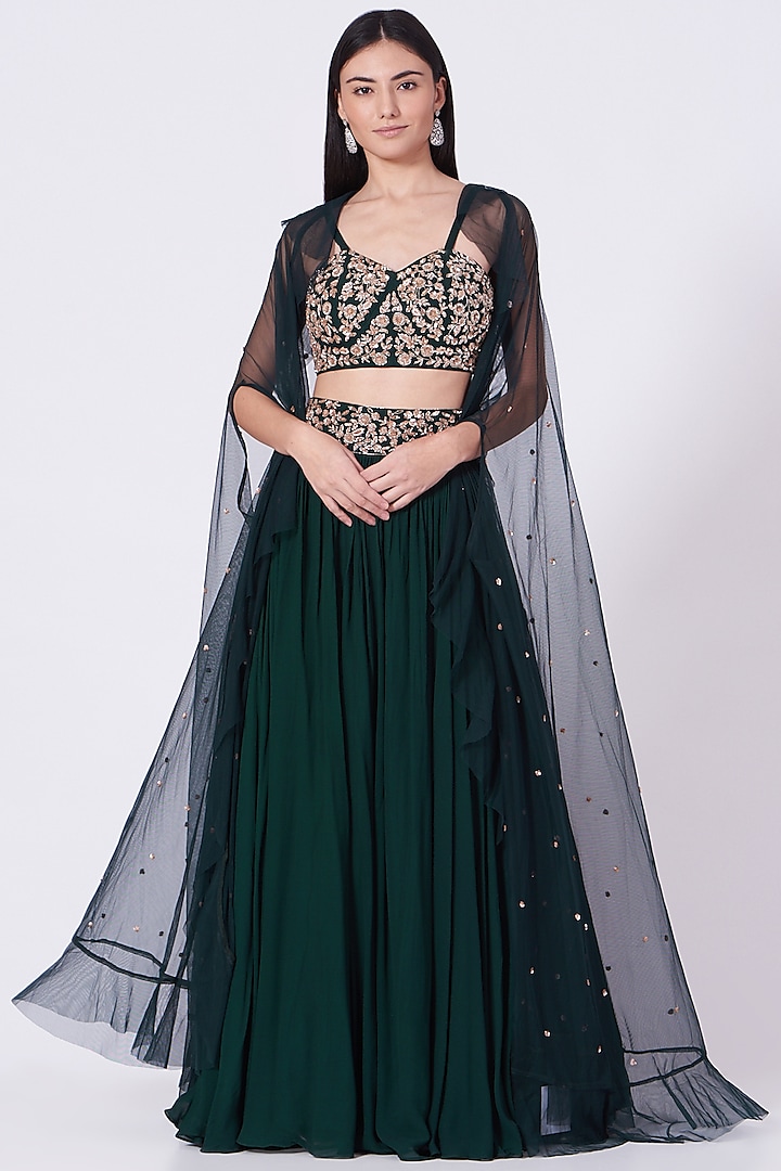 Bottle Green Embroidered Skirt Set by Mani Bhatia