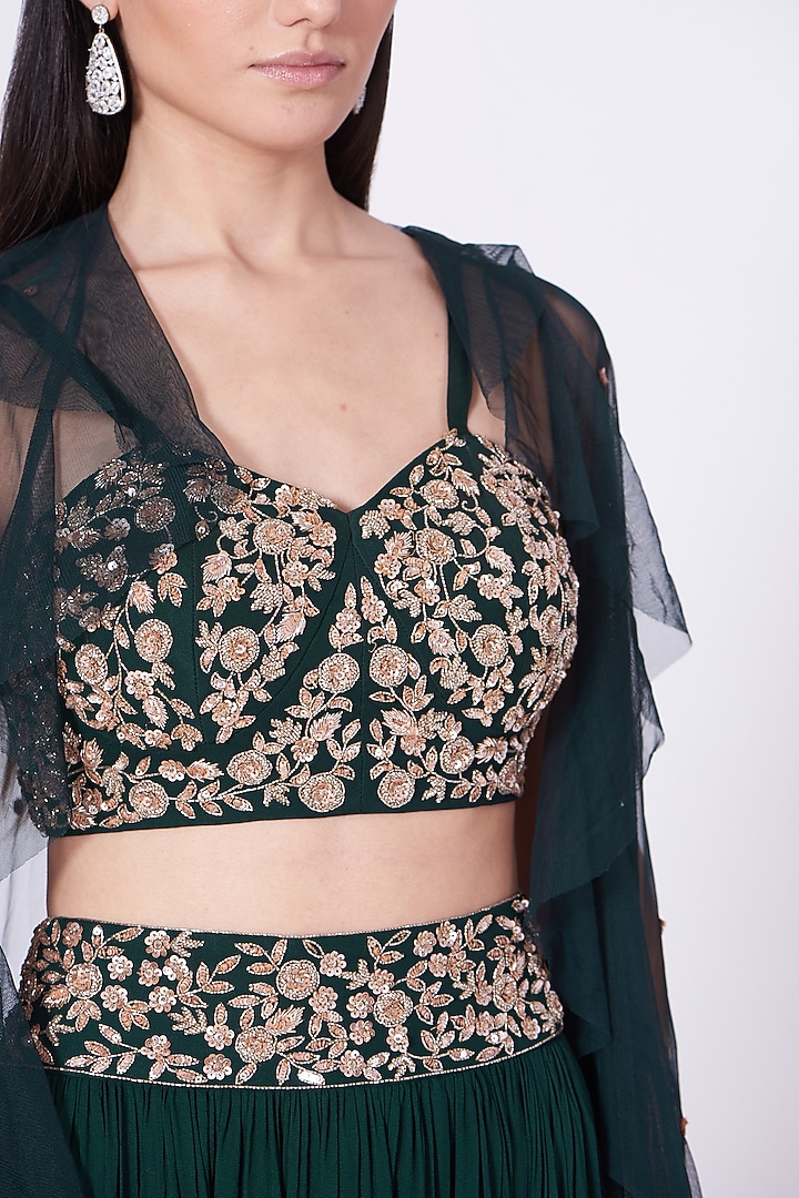 Bottle Green Embroidered Skirt Set by Mani Bhatia at Pernia's Pop Up Shop