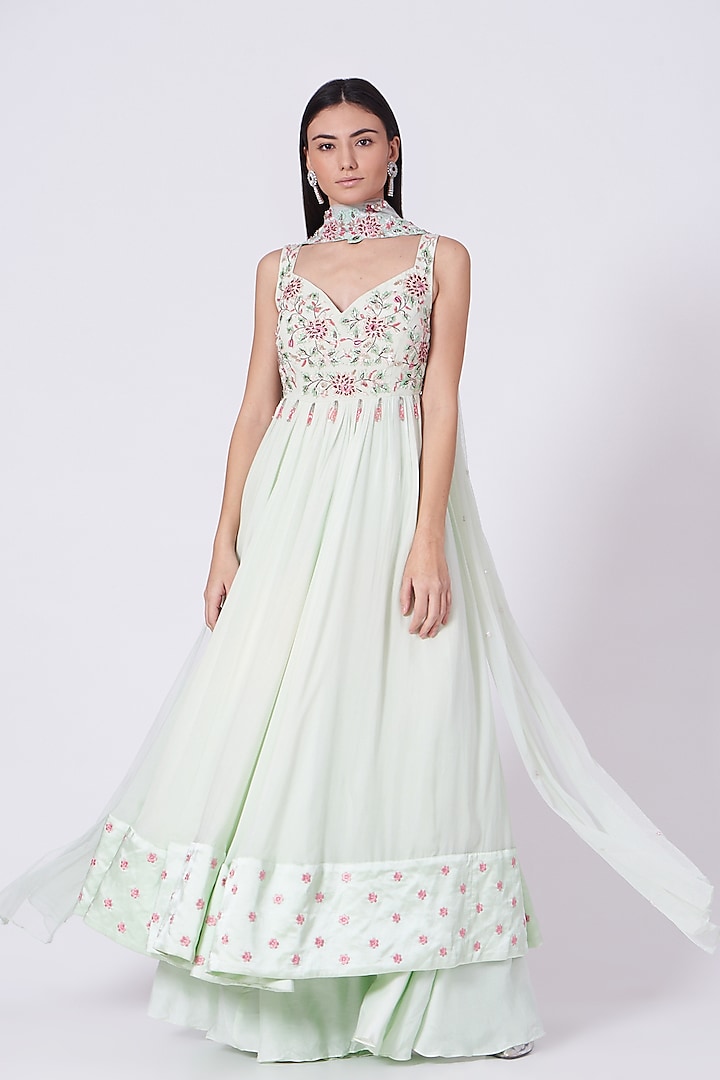 Mint Embroidered Anarkali Set by Mani Bhatia