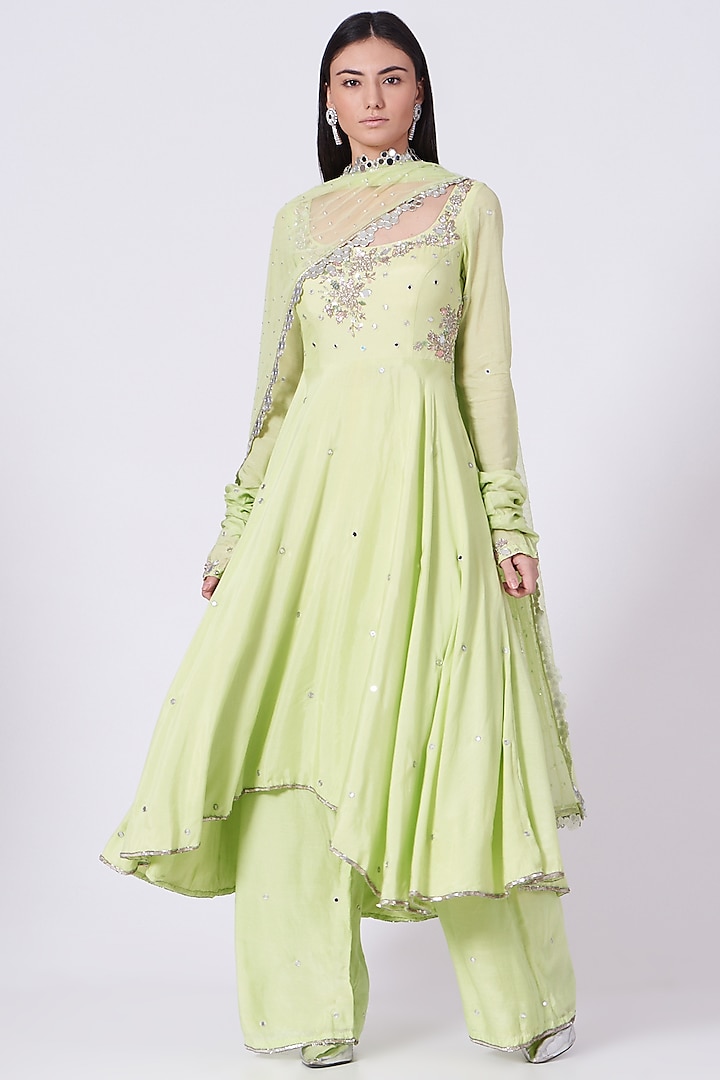 Lime Green Embroidered Anarkali Set by Mani Bhatia