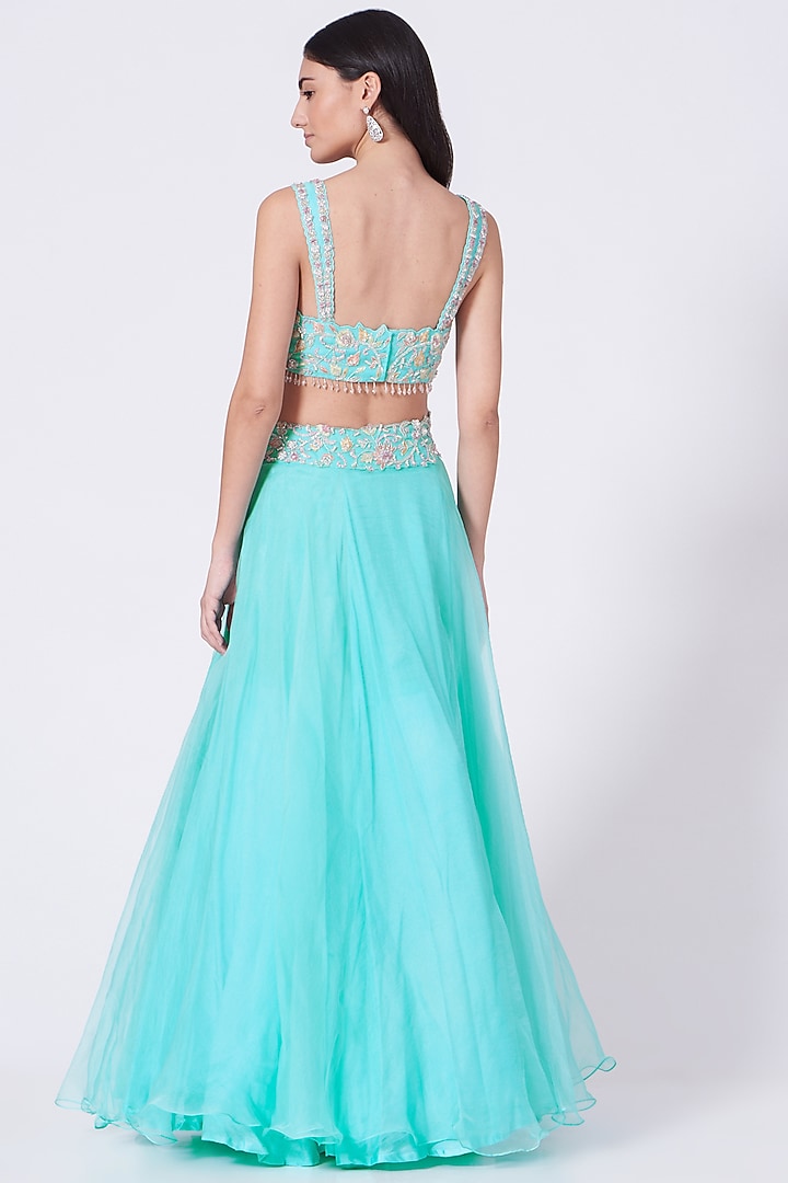 Turquoise Blue Embroidered Wedding Lehenga Set by Mani Bhatia at Pernia's Pop Up Shop
