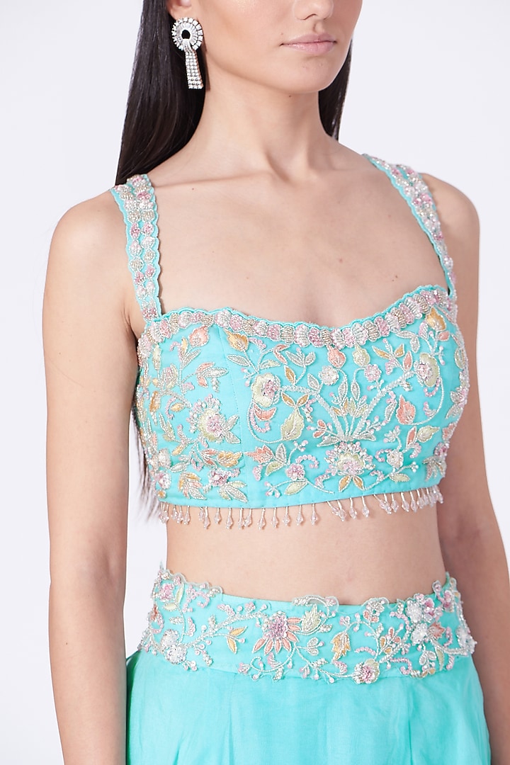 Turquoise Blue Embroidered Wedding Lehenga Set by Mani Bhatia at Pernia's Pop Up Shop
